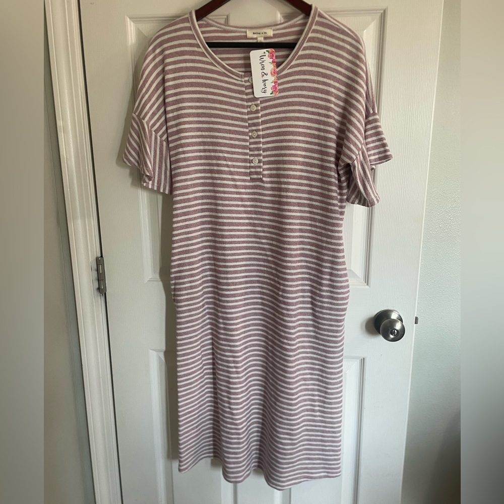 Hailey & Co Pink White Striped Henley Midi Dress NWT Women’s Large